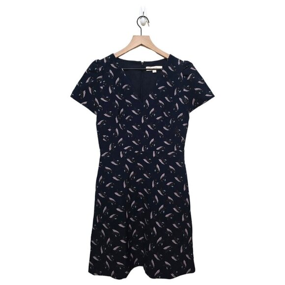 Loft Navy Feather V-Neck Short Sleeve Fit & Flare Mini Dress With Pockets Sz 2 - Picture 1 of 7
